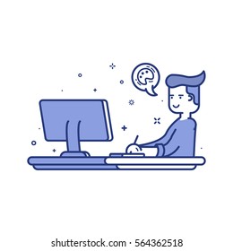 Vector illustration of blue icon in flat line style. Linear cute and happy man with desktop. Graphic design concept of graphic designer use in Web Project and Applications Outline isolated object.