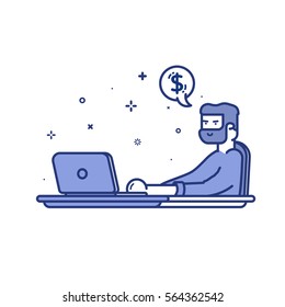 Vector illustration of blue icon in flat line style. Linear cute and happy man with laptop. Graphic design concept of online work or freelance use in Web Project. Outline isolated object.