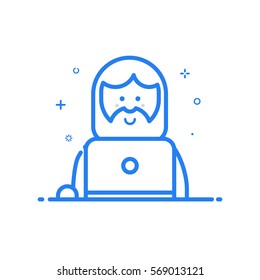Vector illustration of blue icon in flat line style. Linear whistling hipser man with beard and laptop. Graphic design concept of social networking. Outline isolated object.