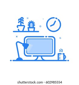 Ilustración vectorial de icono azul en estilo de línea plana. Lámpara de escritorio de computadora lineal, flores. Concepto gráfico del uso del estudio de diseño del lugar de trabajo en proyectos y aplicaciones de Web. Objeto aislado relleno de contorno