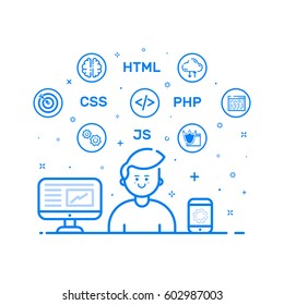 Vector illustration of blue icon in flat line style. Outline cute and happy man with laptop and smart phone. Graphic design concept of software engineer, web development, programming creating website.