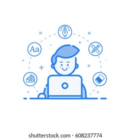 Vector illustration of blue icon in flat line style. Linear cute and happy man with laptop. Graphic design concept of graphic designer use in Web Project Outline filled isolated object.