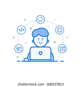 Vector illustration of blue icon in flat line style. Linear cute and happy man with laptop. Graphic design concept of software engineer use in Web Project and App Outline filled isolated object.