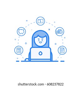 Vektorgrafik des blauen Symbols in flacher Linie. Linear süß und glücklich Mädchen. Grafisches Design-Konzept der Frau Finanzbuchhalter Verwendung in Web-Projekt und Anwendungen Outline isolierten Objekt.