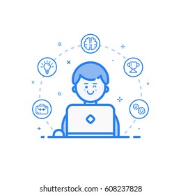 Vector illustration of blue icon in flat line style. Linear cute and happy man with laptop. Graphic design concept of art Director use in Web Project and Applications Outline filled isolated object.