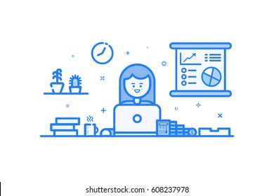 Vector illustration of blue icon in flat line style. Linear cute and happy girl. Graphic design concept of woman financial accountant use in Web Project and Applications Outline filled isolated object