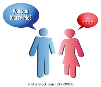 Vector illustration of blue icon man proposing to a red icon woman who hesitated to answer.