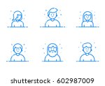 Vector illustration of blue icon set in flat line style. Linear cute and happy people. Graphic design concept of Emoji and Avatar. Use in Web Project and Applications Outline isolated object.