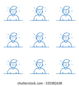 Vector illustration of blue icons in flat line style. Linear cute and happy mans. Graphic design concept of Emoji and Avatar. Use in Web Project and Applications Outline isolated object.