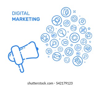 Vector illustration with blue icons and megaphone in flat line style. Design concept for digital marketing, social campaign, engaging, blogging Use in Web Project and Applications. Outline objects.