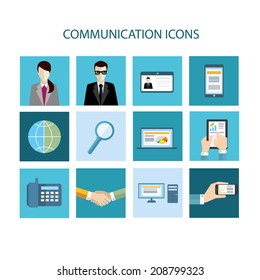 Vector illustration of blue icons of office workers and communications