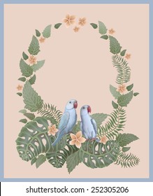 Vector illustration of blue Indian ring-neck parrot couple, wreath from tropical foliage and flowers  on beige and sky-blue background