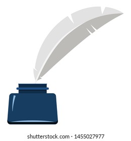 Vector illustration of blue inkwell with white feather calligraphy symbol handwriting correspondence silhouette. Plume literary pen feather icon isolated on white background. Flat design cartoon style