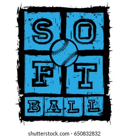 Vector illustration blue inscription softball and ball. Design for print t-shirt.