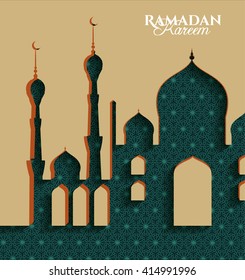 vector illustration in blue interior Ramadan Kareem Islamic mosque with Islamic patterns and arnamentom. background for holiday ramalan Karim holy month. a bright light in the doorway