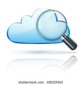 Vector illustration of blue internet cloud icon with magnifying glass