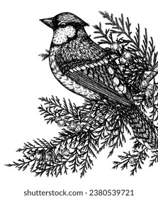 Vector illustration of a blue jay bird on a juniper branch