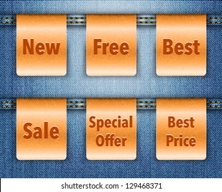 Vector illustration of blue jeans background with brown leather shopping labels