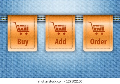 Vector illustration of blue jeans background with brown shopping labels
