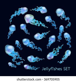 vector illustration blue jellyfishes SET. clip art isolated on dark background. EPS 10 without mesh