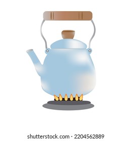 Vector illustration of blue kettle on fire