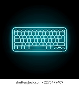 Vector illustration. Blue keyboard in neon style. Keyboard logo. Mechanical keyboard. Icon for application, product, for web design. Eps 10. Dark background.