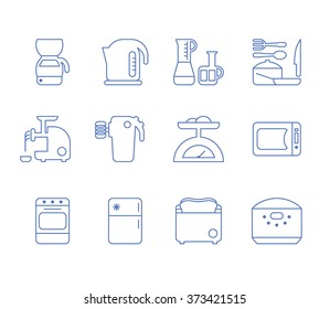 Vector illustration blue kitchen appliances outline icons collection.