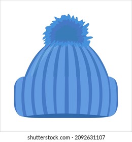 Vector illustration of a blue knitted hat with pompom isolated on white background.