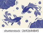 Vector illustration of blue koi fish on the white background, Asian festives. Graceful print, design, vector template