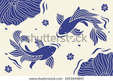 Vector illustration of blue koi fish on the white background, Asian festives. Graceful print, design, vector template