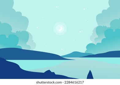 
vector illustration of a blue landscape with river and mountains in the background.