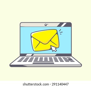 Vector illustration of blue laptop with yellow envelope on color background. Hand draw line art design for web, site, advertising, banner, poster, board and print.  