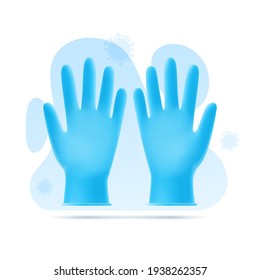 Vector illustration of blue latex gloves on background of abstract shapes and virus. 3D template of personal medical, surgical protection against bacteria. Individual protection and prevention means.