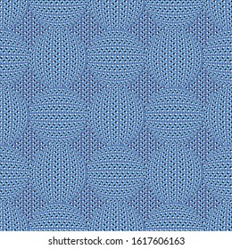 Vector illustration of blue, lavender, white, black cubes, rectangles warped inside circles. Isolated from background. 3D texture, textile rapport. Seamless repeat pattern for gift wrap, textile.