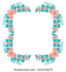 Vector illustration blue leafy flower frame isolated on white backdrop hand drawn