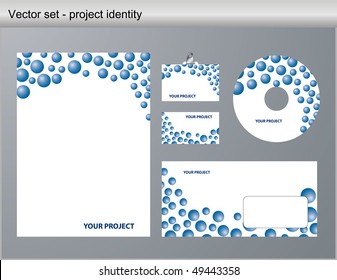 Vector illustration of blue letterhead, business card, compact disc and postcard with abstract blue background.