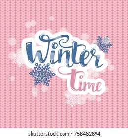 Vector illustration: blue lettering Winter Let it snow on a knitted background 