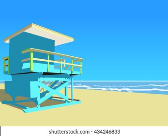 Vector illustration. Blue lifeguard tower at the beach on a sunny day.