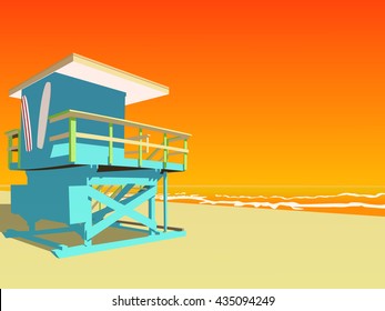 Vector illustration. Blue lifeguard tower on the beach at sunset.