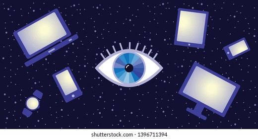 vector illustration of blue light from different devices affecting eyes and vision 