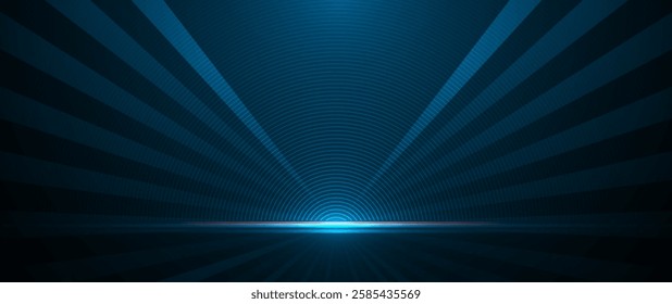 Vector illustration blue light ray, stage scene for luxury poster, template premium award design. Abstract elegant dark blue, glow glitter, lighting effect sparkle on black background