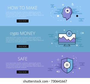 Vector illustration of blue and lilac banner about crypto currency in flat line style.