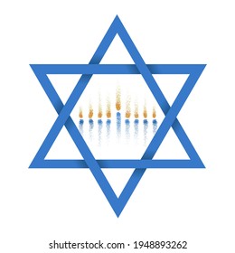 Vector illustration of Blue Magen David (star of David) with menorah symbol inside. Isolated on white background