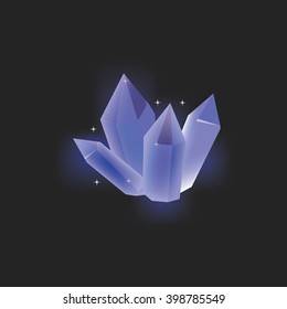 Vector illustration blue magic crystal on black background.Crystal resource for app. Shining crystal icon