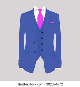 Vector illustration of blue man suit with pink tie and white shirt on grey background. Business suit, business, mens suit, man in suit