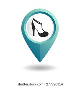 Vector illustration. Blue map pointer with women's high-heeled shoes icon. GPS location symbol. Flat design style. Map pointer for shoe store.