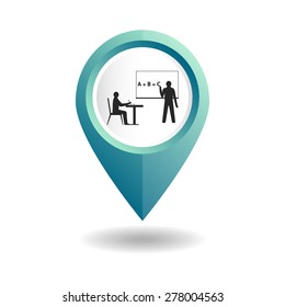 Vector illustration. Blue map pointer with teacher and student icons. GPS location symbol. Flat design style. Education, school, institute, college. Location of a training, education.