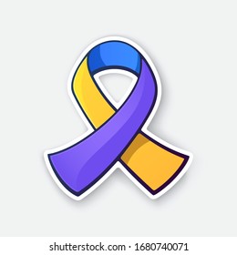  Vektorillustration. Blau, Ringelblume und violettes Farbband, internationales Symbol für Blasenkrebsbewusstsein. Aufkleber mit Kontur. Einzeln auf weißem Hintergrund