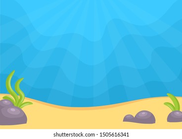 Vector illustration of blue marine landscape with stones and algae.
