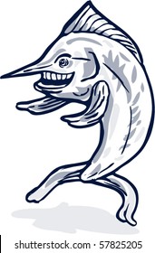 vector illustration of a blue marlin cartoon  pointing fins